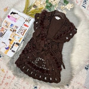 Vintage 90s Brown Wool Blend Fur Pom Poms Women’s Bolero Wrap Sweater Vest Sz S